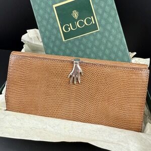 Vintage Gucci Lizard Wallet Sterling Silver 925 Hand Mano Clasp Box Rare 70s